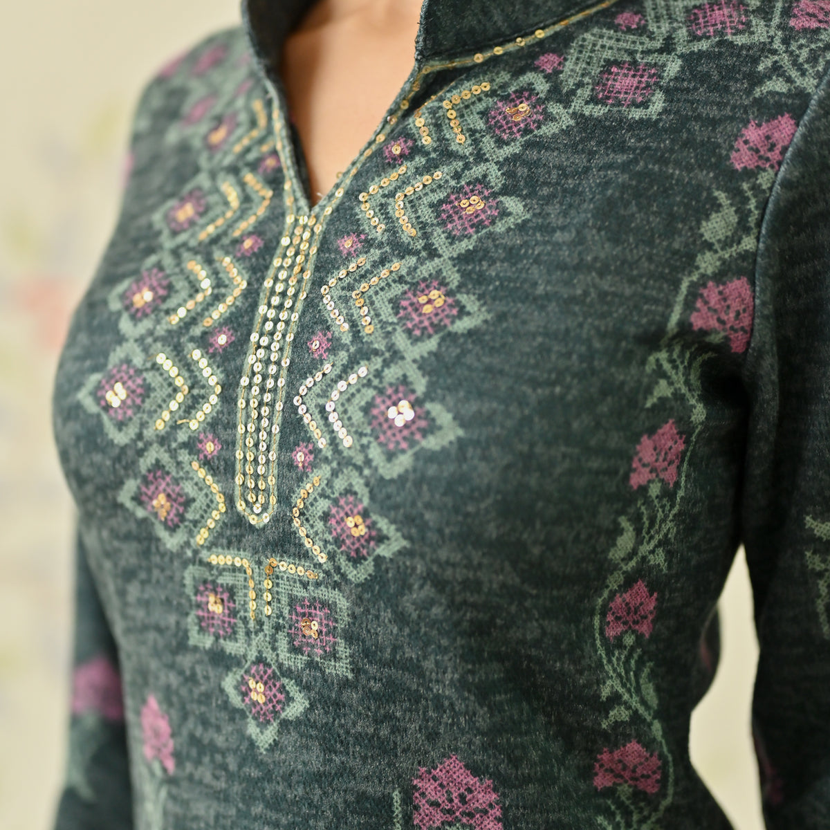 Emerald Green Embroidered Woollen Kurta