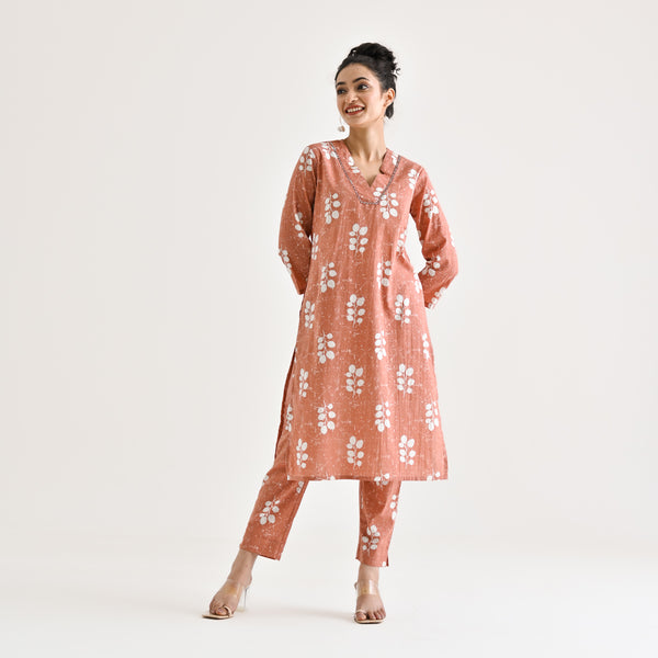 Brown Buta Printed Cotton Co-ord Set with Embroidered Neckline Detail