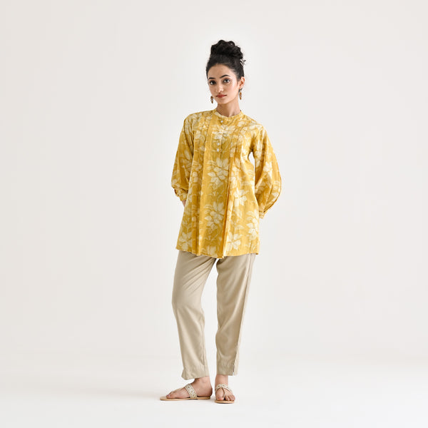 Mango Yellow Breezy Sanganeri Floral Tunic with Pintuck Detail