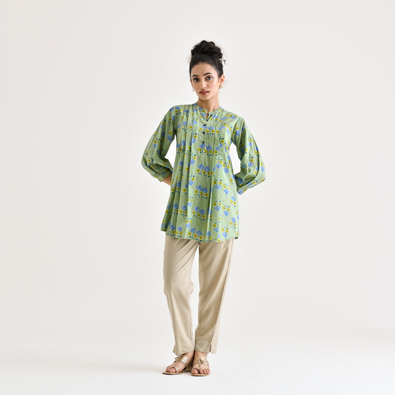 Mint Floral Printed Cotton Tunic with Pintuck & Button Details
