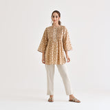 Brown Sanganeri Cotton Printed Tunic with Pintuck & Lace Details