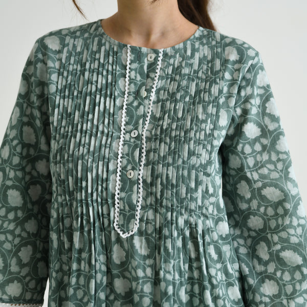 Dusty Blue Sanganeri Printed Cotton Tunic with Pintuck & Lace Details