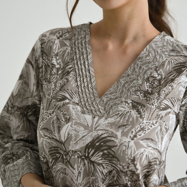 Grey Abstract Printed Sanganeri Tunic with Pintuck Neckline Detail