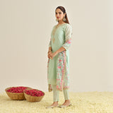 Mint Straight Festive Kurta Set with Printed Dupatta & Yoke Detail