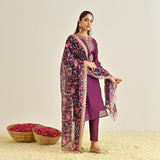 Burgundy Straight Festive Kurta Set with Printed Dupatta & Yoke Detail