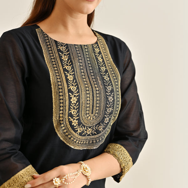 Hand-Embellished Black Kurta & Trouser Set with Brocade Dupatta