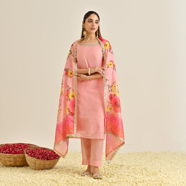 Pink Embroidered Kurta Set With Dupatta