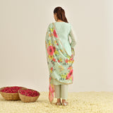 Mint Festive Embroidered Kurta Set with Printed Dupatta & Round Yoke Detail