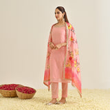Pink Festive Embroidered Kurta Set with Printed Dupatta & Round Yoke Detail