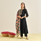 Black Anarkali Set with Floral Printed Dupatta & Yoke Embroidery