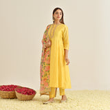 Mango Yellow Anarkali Set with Floral Printed Dupatta & Yoke Embroidery