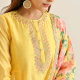 Mango Yellow Anarkali Set with Floral Printed Dupatta & Yoke Embroidery