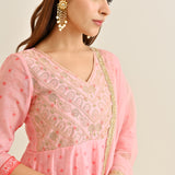 Pink Traditional Anarkali Set with Yoke Embroidery & Dupatta