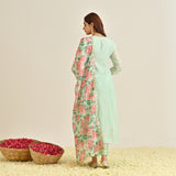 Mint Blue Anarkali Set with Floral Printed Dupatta & Yoke Embroidery