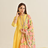 Mango Yellow Anarkali Set with Floral Printed Dupatta & Yoke Embroidery