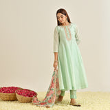 Mint Blue Anarkali Set with Floral Printed Dupatta & Yoke Embroidery