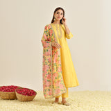 Mango Yellow Anarkali Set with Floral Printed Dupatta & Yoke Embroidery