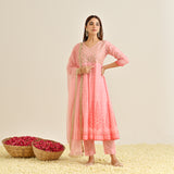 Pink Traditional Anarkali Set with Yoke Embroidery & Dupatta