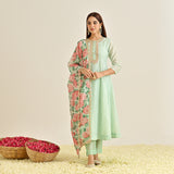 Mint Blue Anarkali Set with Floral Printed Dupatta & Yoke Embroidery