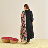 Black Anarkali Set with Floral Printed Dupatta & Yoke Embroidery