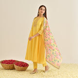 Mango Yellow Anarkali Set with Floral Printed Dupatta & Yoke Embroidery