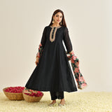 Black Anarkali Set with Floral Printed Dupatta & Yoke Embroidery