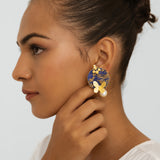 Blue Stone & Pearl Earrings - Gold