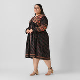 Black Printed V Neck Dress - SOM