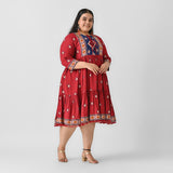 Maroon Abstract Print Tiered Dress with Tie up Detail - SOM