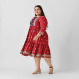 Maroon Abstract Print Tiered Dress with Tie up Detail - SOM