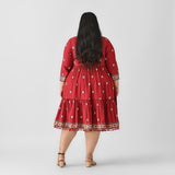 Maroon Abstract Print Tiered Dress with Tie up Detail - SOM