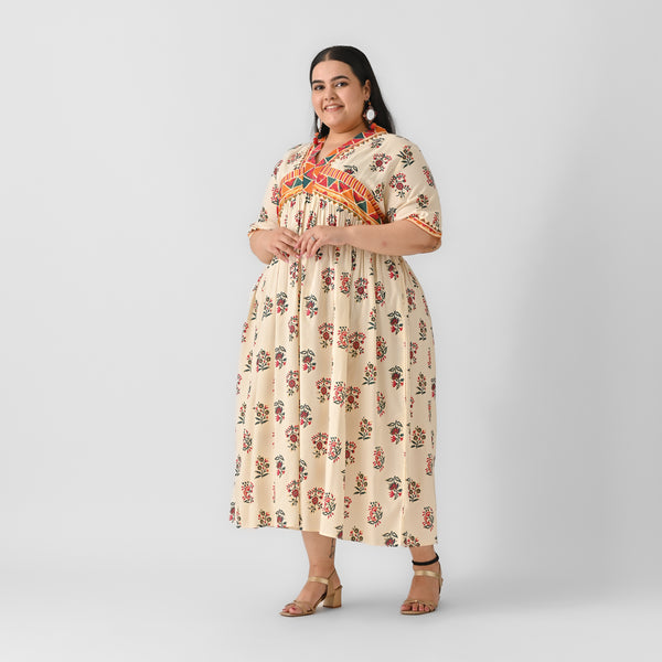Cream Dropped Hem Gathered Shirt Dress with Waist Cap Sleeves main image 1