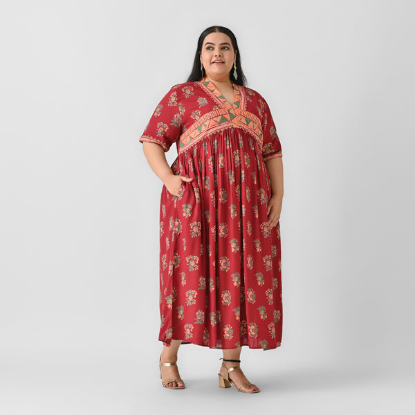 Rustorange Women's Maxi A-Line Dress - Viscose Floral Print, V-Neck, With Tassels & Pockets (Pink, Small)
