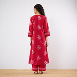 Dewdrop A-Line Cotton Kurta Trouser Set With Mulmul Dupatta - Blood Red