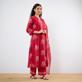 Dewdrop A-Line Cotton Kurta Trouser Set With Mulmul Dupatta - Blood Red