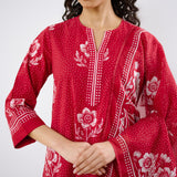 Dewdrop A-Line Cotton Kurta Trouser Set With Mulmul Dupatta - Blood Red