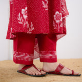 Dewdrop A-Line Cotton Kurta Trouser Set With Mulmul Dupatta - Blood Red