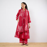 Dewdrop A-Line Cotton Kurta Trouser Set With Mulmul Dupatta - Blood Red