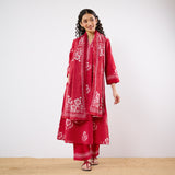 Dewdrop A-Line Cotton Kurta Trouser Set With Mulmul Dupatta - Blood Red