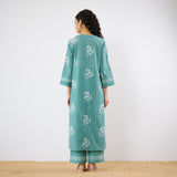 Dewdrop A-Line Cotton Kurta Trouser Set With Mulmul Dupatta - Sage Green