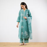 Dewdrop A-Line Cotton Kurta Trouser Set With Mulmul Dupatta - Sage Green