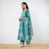 Dewdrop A-Line Cotton Kurta Trouser Set With Mulmul Dupatta - Sage Green