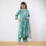 Dewdrop A-Line Cotton Kurta Trouser Set With Mulmul Dupatta - Sage Green