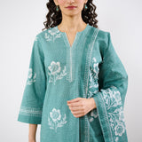 Dewdrop A-Line Cotton Kurta Trouser Set With Mulmul Dupatta - Sage Green