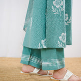 Dewdrop A-Line Cotton Kurta Trouser Set With Mulmul Dupatta - Sage Green
