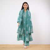 Dewdrop A-Line Cotton Kurta Trouser Set With Mulmul Dupatta - Sage Green