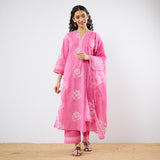 Dewdrop A-Line Cotton Kurta Trouser Set With Mulmul Dupatta - Candy Pink