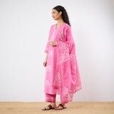 Dewdrop A-Line Cotton Kurta Trouser Set With Mulmul Dupatta - Candy Pink