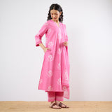 Dewdrop A-Line Cotton Kurta Trouser Set With Mulmul Dupatta - Candy Pink