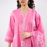 Dewdrop A-Line Cotton Kurta Trouser Set With Mulmul Dupatta - Candy Pink